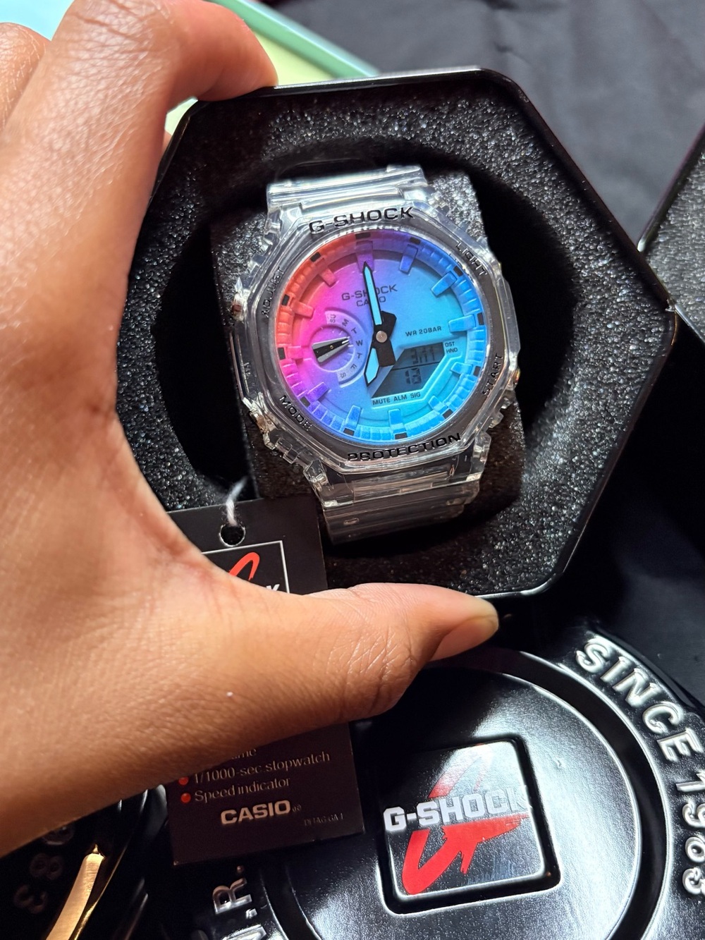 G-Shock Transparent Case Watch with Blue and Pink Gradient Dial